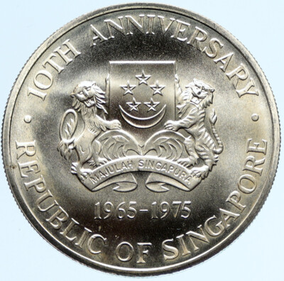 1975 SINGAPORE 10th Year Independence CARGO SHIP Silver 10 Dollars