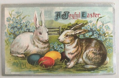 A Joyful Easter Vintage Two Bunny Rabbits in Field & Colored Eggs, 1910 Postcard