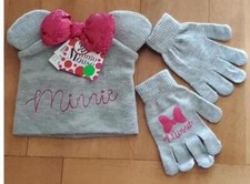Girls Disney Minnie Mouse Sequined Bow Hat  Gloves Set OSFM Beanie Ears NWT