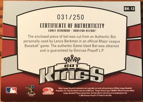 2005 Donruss Bat Kings Lance Berkman #BK-12 Houston Astros #’d 031/250 - Picture 2 of 3