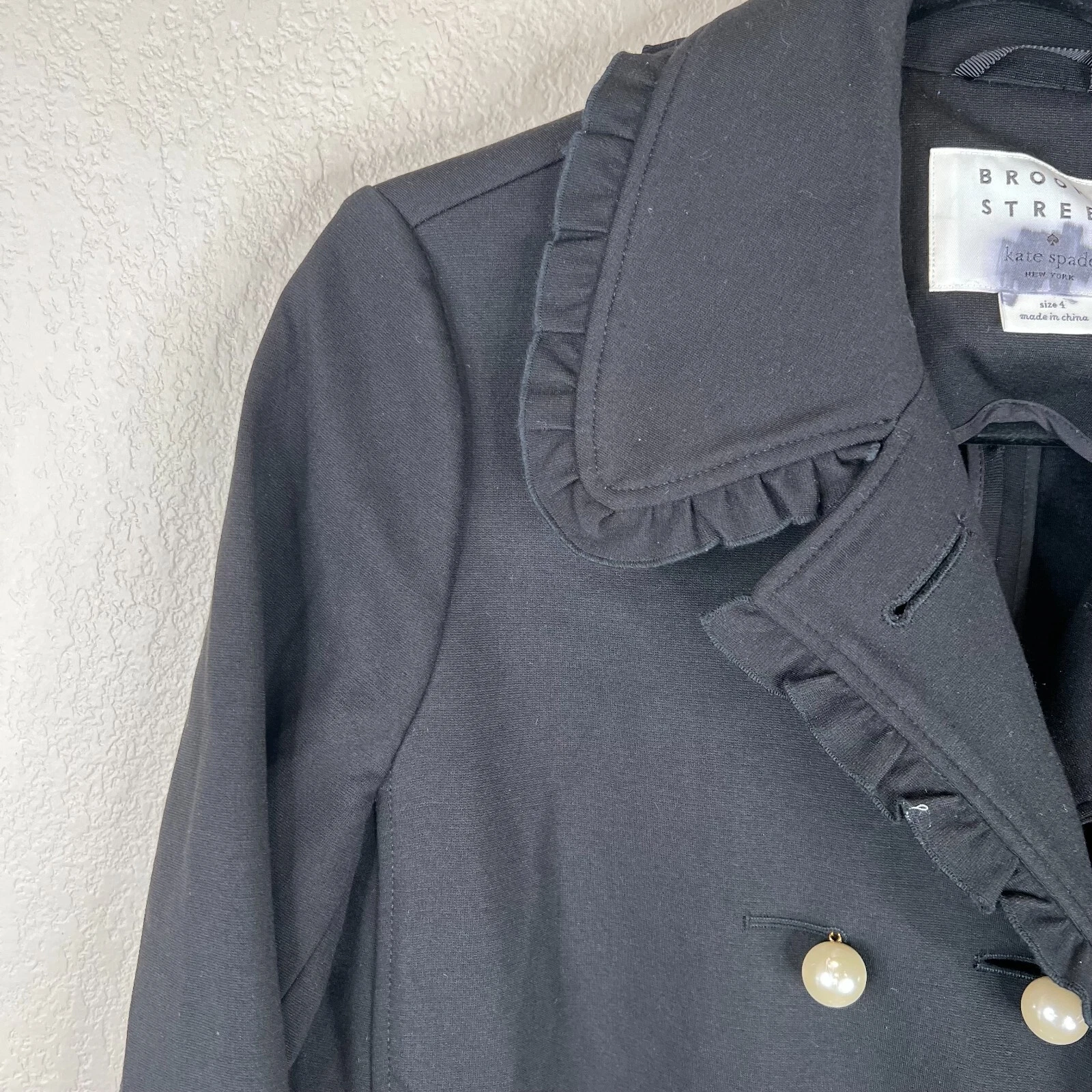 Giacca cappotto donna Kate Spade Broome Street taglia 4 nero volant bottoni perlati ponte