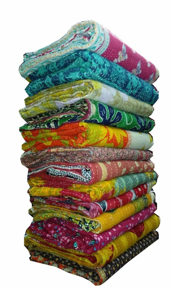 Indian Vintage Handmade Kantha Quilt Reversible Cotton Throw Wholesale Lot 5 pc - Image 2 of 4