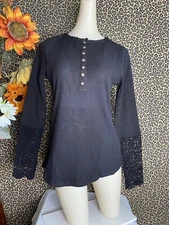 DOE & RAE Black Lace Long Sleeved Ribbed Lace Detail Henley Top NWT | LARGE |