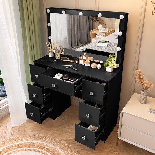 Black Vanity Desk Set with LED Light Mirror 3 Lighting Colors w/ 7 Drawers USA - Picture 6 of 9