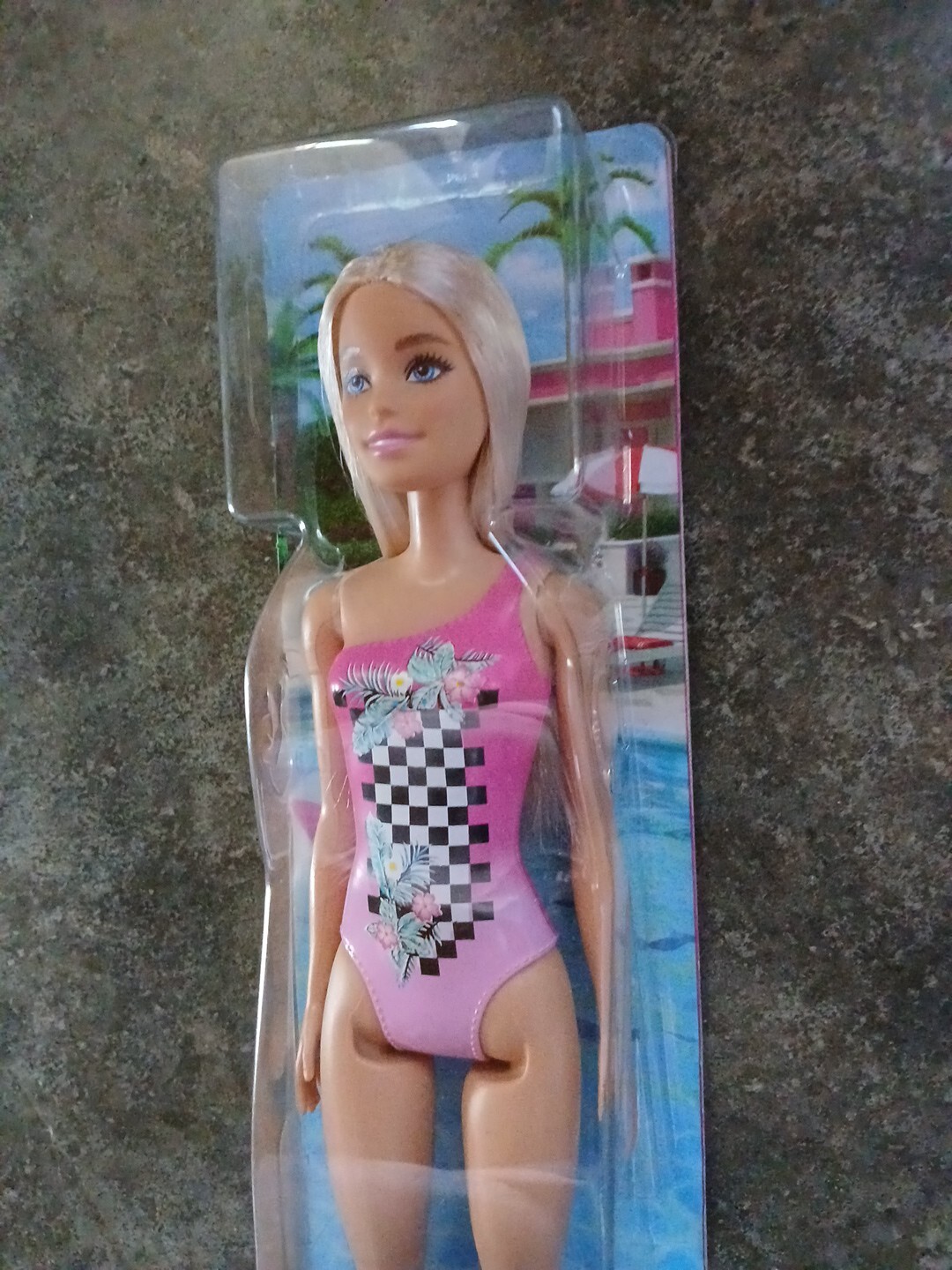 MATTEL~Blonde BARBIE Beach Doll Tropical Checkers Swimsuit~ Ages 3+