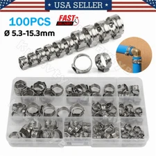 100PCS Assortment Hose Clamps Kit Stainless Steel Ear Cinch Ring Crimp Pinch Set