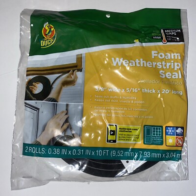 DUCK Self Adhesive Foam Weatherstrip Seal Medium Gaps,  2 Rolls 3/8''x5/16 x10' 