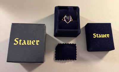 Stauer 14K massiver Rotgold Birne Amethyst Diamant Heiligenschein Statement Ring Größe 7