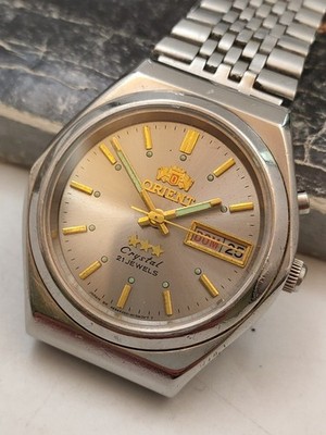 Vintage Watch Orient AAA Crystal Automatic Japan Men Silver 1980s 21 Jewels 