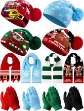 12 Pcs Christmas Knitted Beanies and Scarf Gloves Set Xmas Santa Hats with Pom W