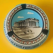 Vintage Handpainted In Greece Parthenon Terracotta Ashtray Souvenir 4.75" (W4)