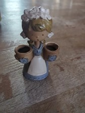 Vintage Brown Clay Pottery Girl Holding Pots & Flowers Blue Dress