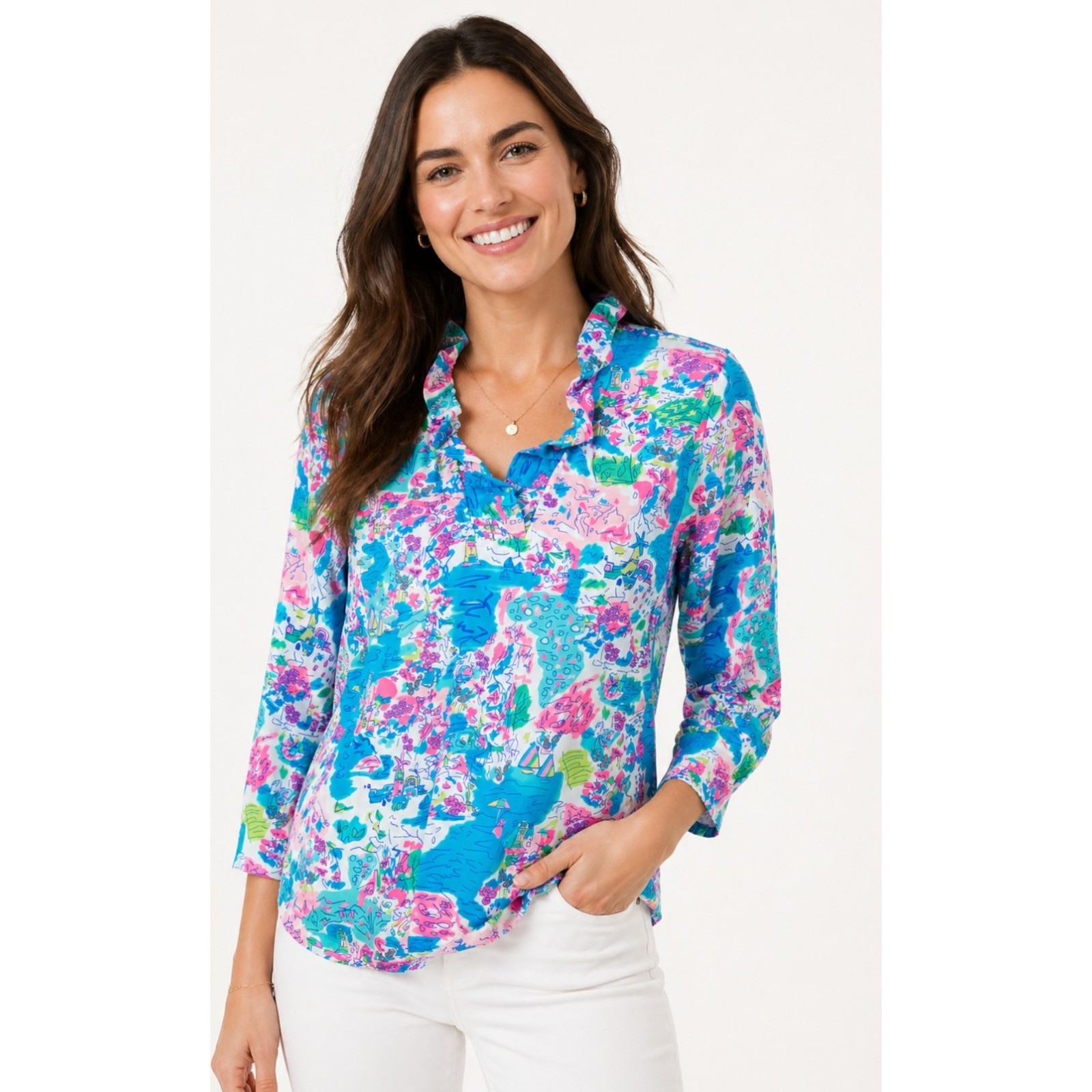Anthony's Resort Wear Top L Tropical Beach Ruffle V-Neck 3/4 Sleeve UPF 50+