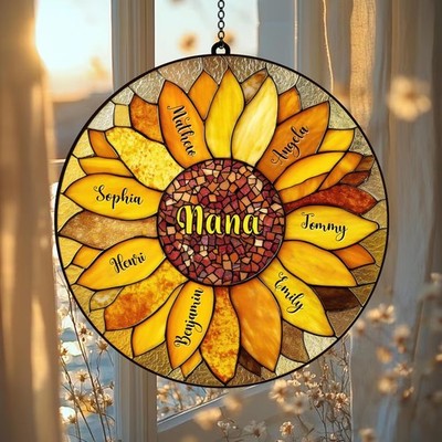 Personalized Sunflower Stained Glass Suncatcher, Family Name Window Decor