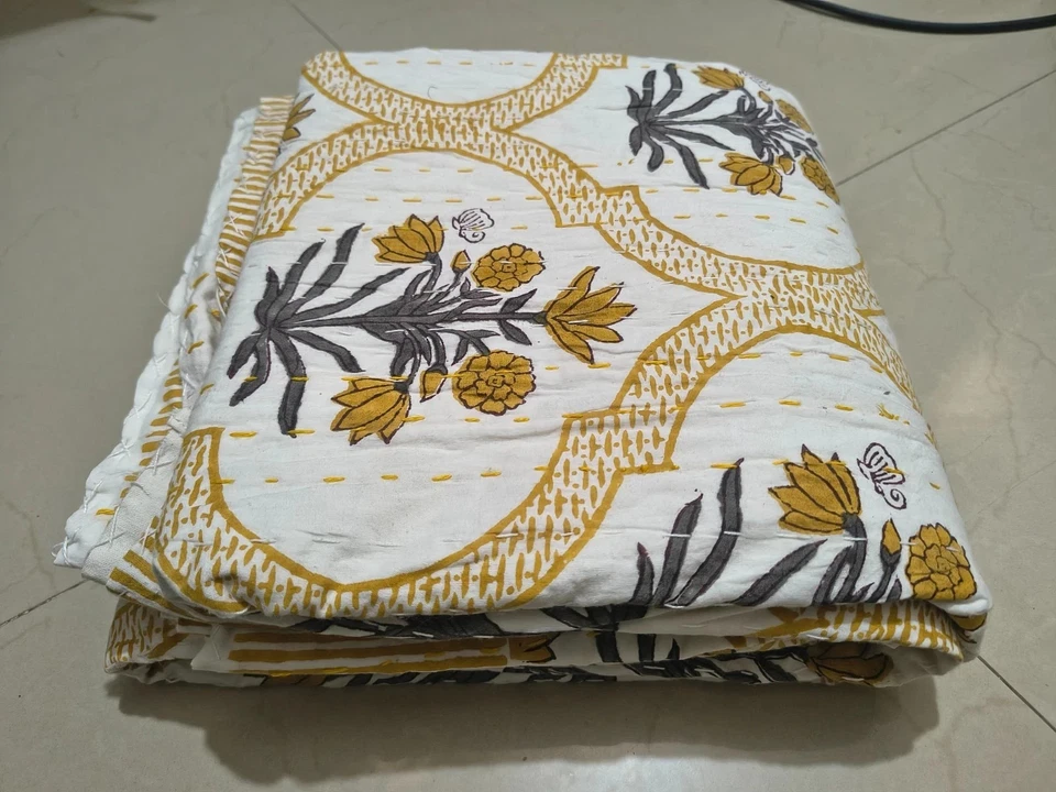 Cotton Kantha Quilt Hand Block Indian Blanket Bedspread Throw Floral Twin Size - Image 3 of 4