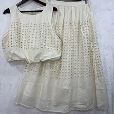 JENNIFER & GRACE Eyelet Maxi Skirt Sleeveless Crop Top Set L Cream 2 Pc NEW $148