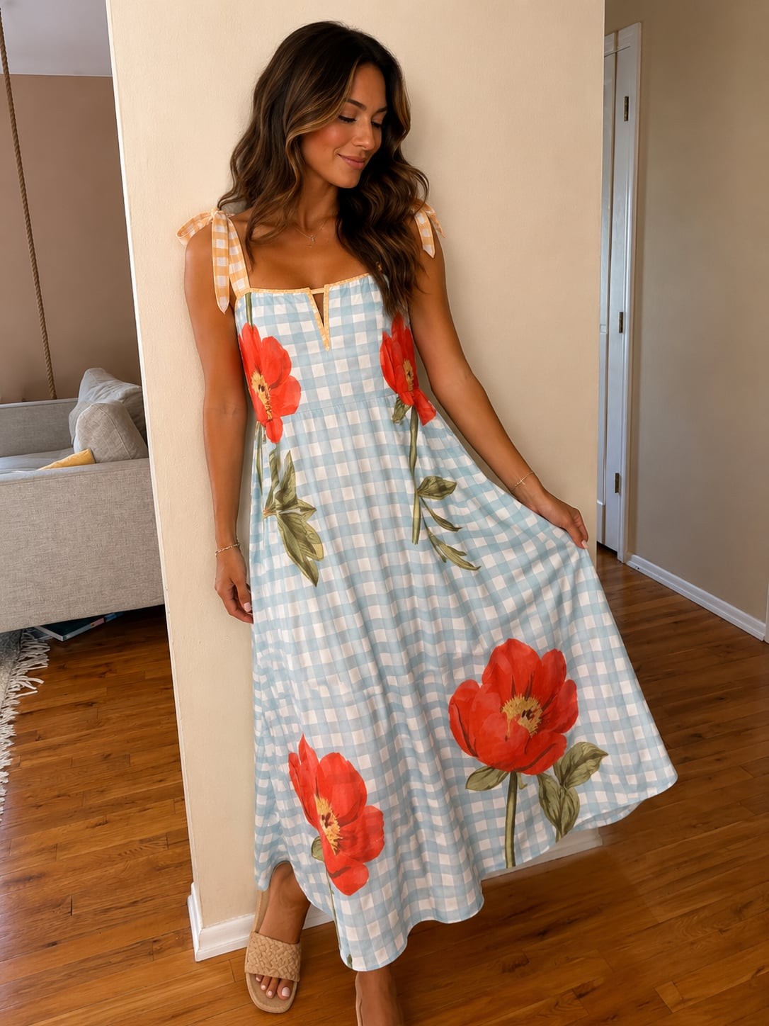 Tie-Shoulder Gingham and Floral Print Flowy Maxi Sundress