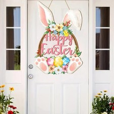 Easter Decoration Wooden Wreath for Front Door, Bunny Eggs Wood Wreath Decoratio