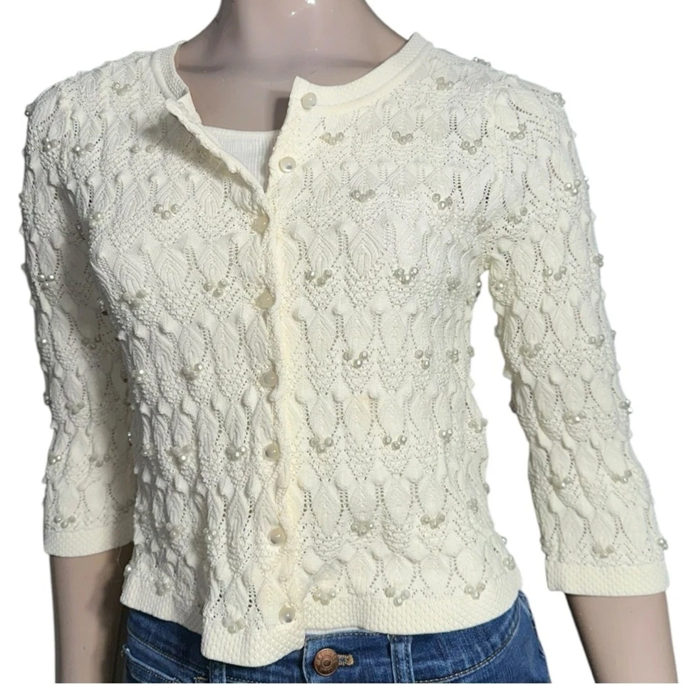Cárdigan Yoana Baraschi para mujer talla L crema marfil tejido a ganchillo brillantes con cuentas Foto 3 de 4