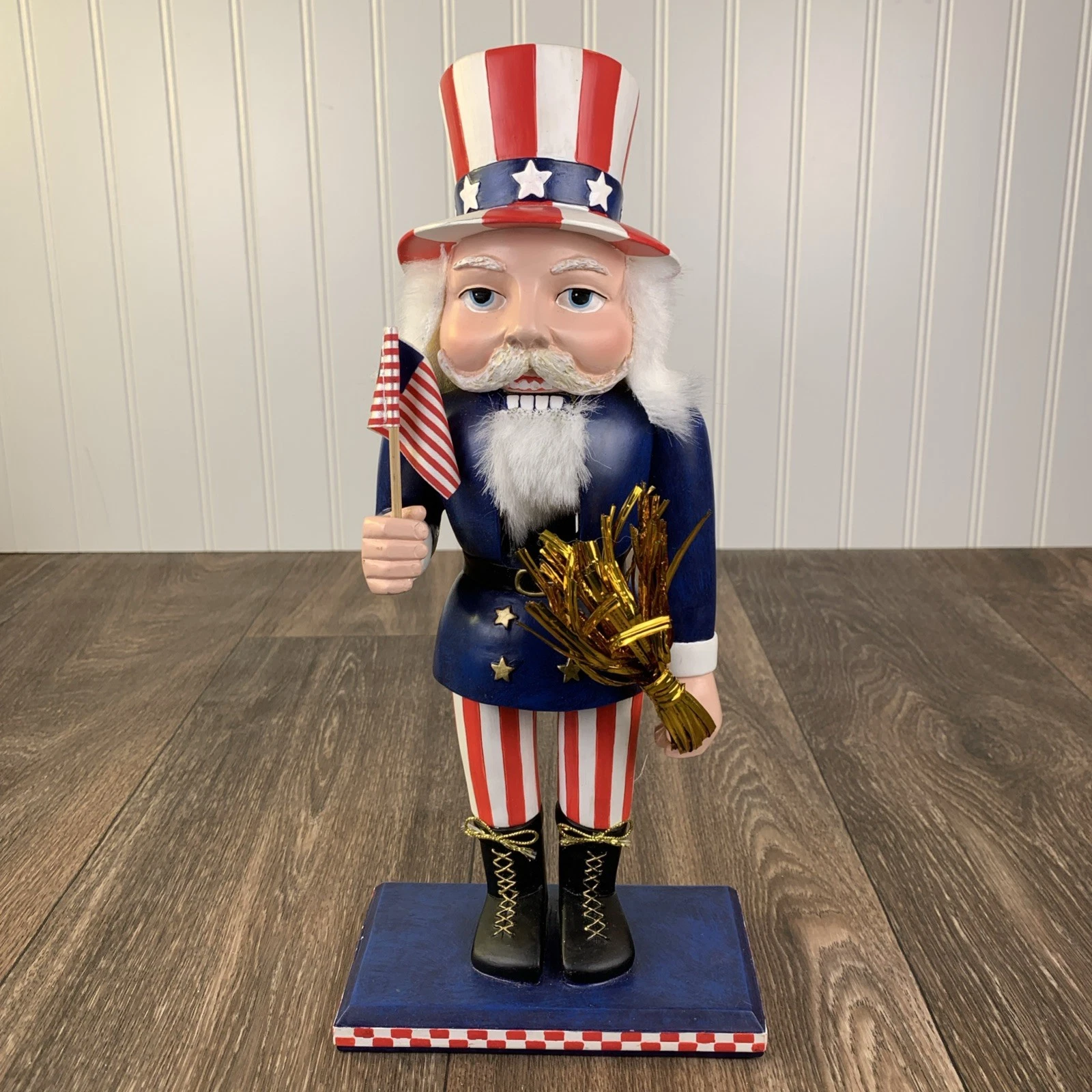 12.5" Patriotic USA Red White Blue Wooden Nutcracker Uncle Sam Lillian Vernon