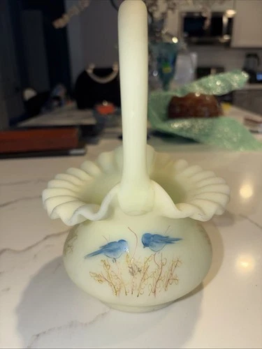 Fenton Art Glass Hand Painted Bluebird on Custard Basket 7" Vintage Uranium Glow