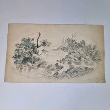 Antique 19thC Pencil Drawing Sketch Landscape With Ruins