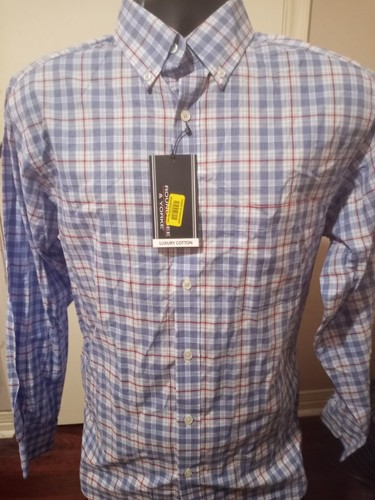 Roundtree Yorke Mens Shirt Top Button Down Medium M Luxury Cotton Blue Plaid New