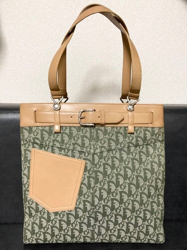Christian Dior Trotter Tote Handbag Canvas Leather Beige Green Women's Authentic