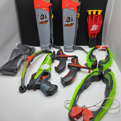 LinseyFun Archery Set 2 Bows 1 Crossbow Target Stand Suction Arrows Green Orange