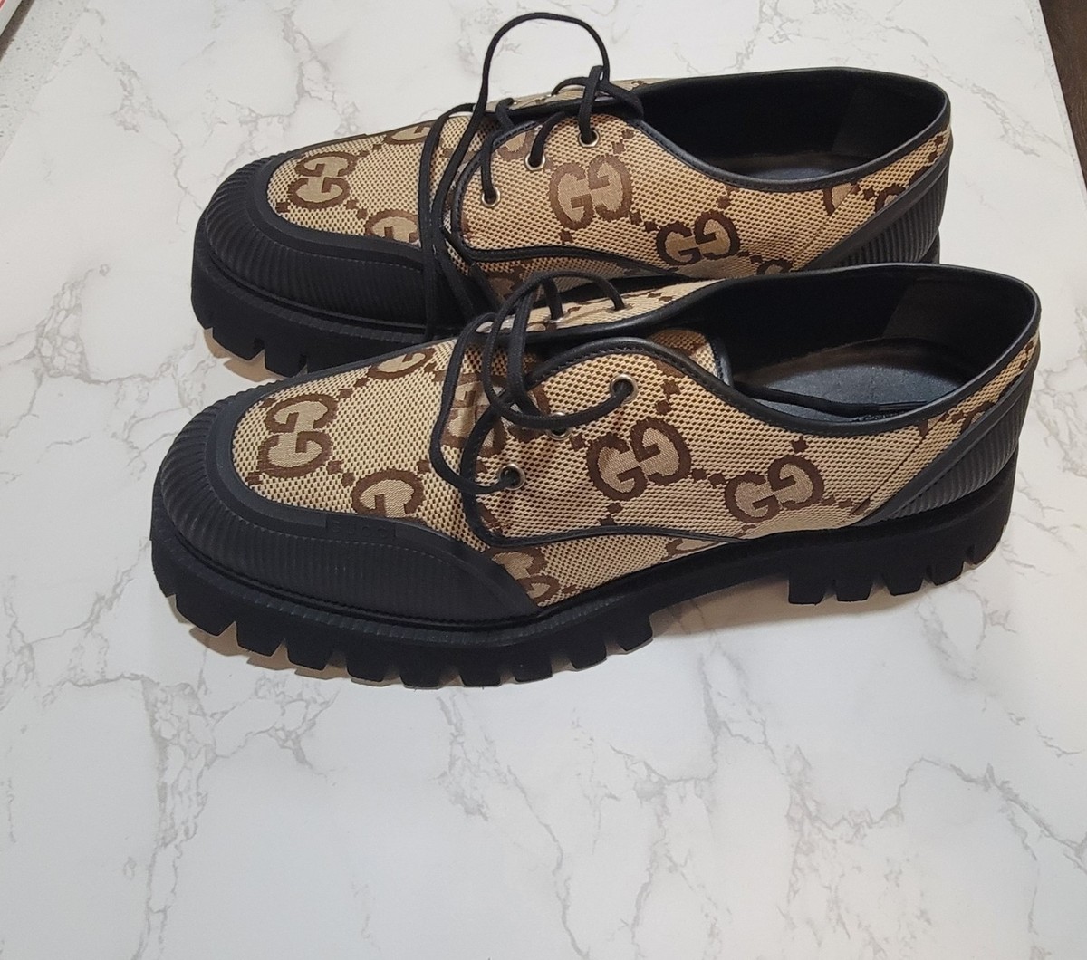 Gucci Maxi GG Panelled Canvas Moccasin Chunky Loafers Shoe 13.5