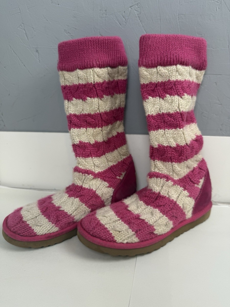 UGG Australia 5822 Pink/White Striped Sheepskin Cable Knit Boots