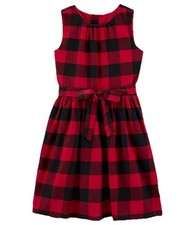 Carters Red Black Plaid Belted Bow Lined Holiday Dress, Kid Girls, Size 12, NWT
