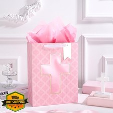 Loveinside Baptism Christening Gift Bag Pink Cross Religious 10" 1 Pcs