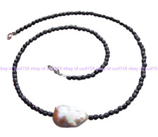 Natural 4mm Black Round Spinel 14 20mm Freshwater Purple Pearl Necklace 18" Gift