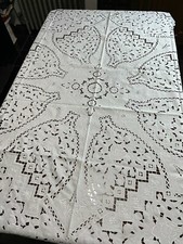 New Hand made vintage 90" Round Lace crochet Embroidery Table cloth off white