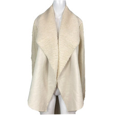 Chelsea & Theodore Cardigan Sz L Ivory Faux Suede Sherpa Shawl Collar Knit