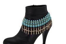 Women Gold Metal Western Boot Chain Bracelet Anklet Shoe Cross Charm Turquoise