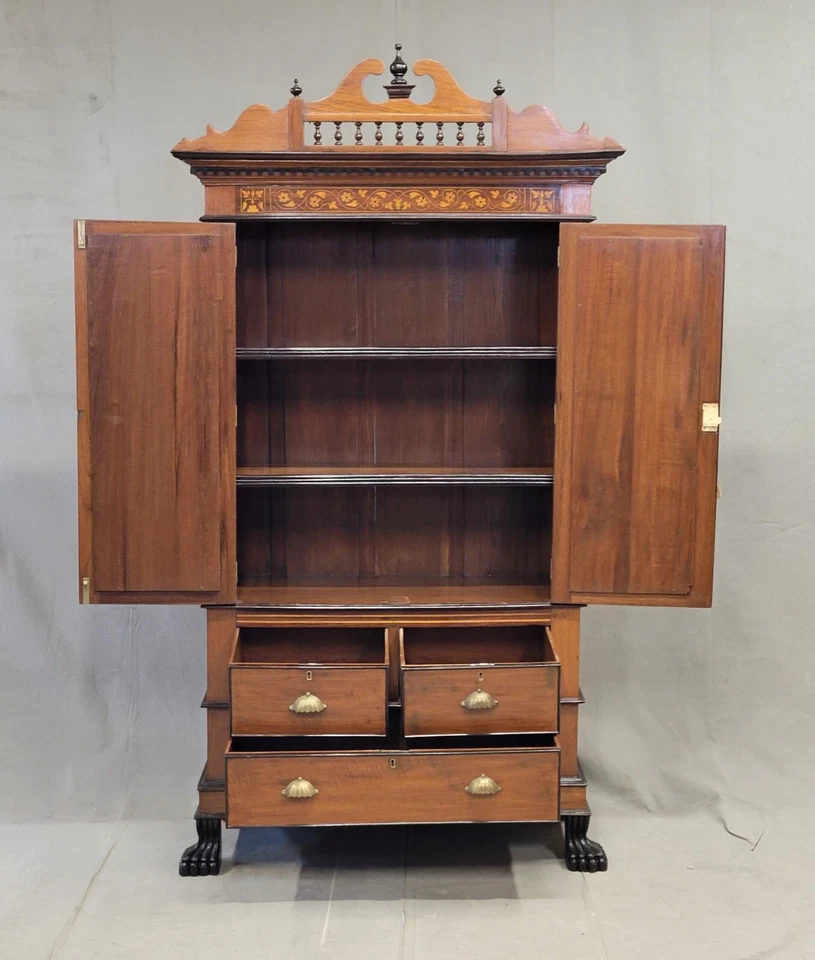 Antiguo gabinete con espejo de teca y palisandro indio anglo de 1900 con incrustaciones Foto 4 de 4