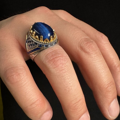 925 Sterling Silver Blue Tiger's Eye Stone Enameled Turkish Men's Ring - Picture 3 of 4