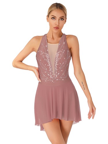 Womens Glittery Figure Skating Dress Lyrical Dance Sleeveless Leotard Dresses - Picture 39 of 63