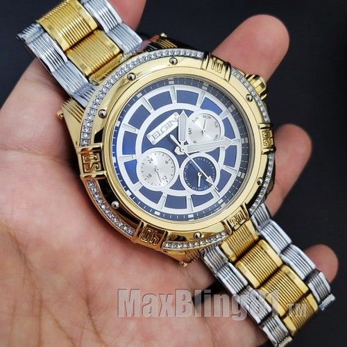 Mens Elgin Luxury Two Tone Simulated Diamond Stainless Steel Big Face Iced Watch - 第 1/5 張圖片
