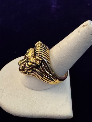 18kt Gold HGE Lion Head Simulated Ruby Red Eyes & Diamond Mens Ring Sz 10 - Picture 3 of 5
