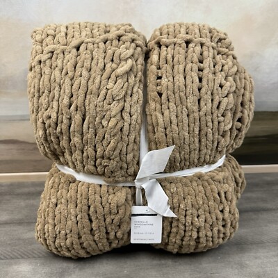 Pottery Barn Chenille Windowpane Throw Blanket 50”x60” Camel Tan NWT