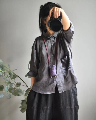 Women Linen Embroidery Shirts Turn-down Collar Button Vintage Loose Blouser - Picture 16 of 22