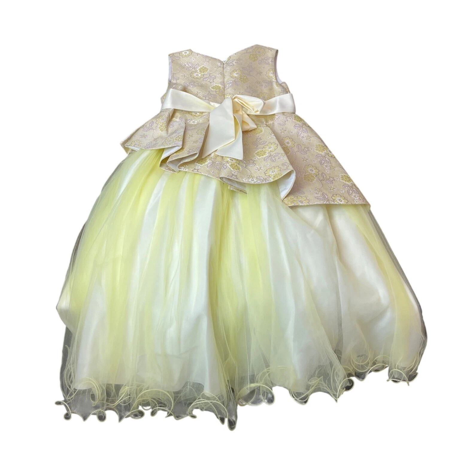 Girls Pink Butterfly Yellow Floral Gown Dress With Bow & Flower Detail Sz 10...