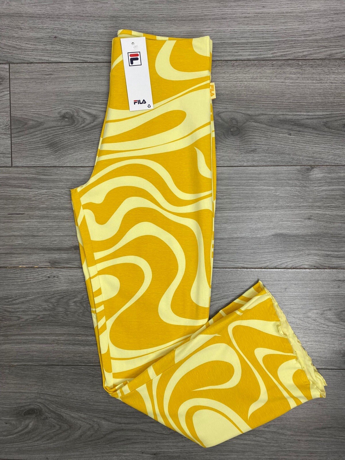 FILA Farrah leggings svasati pantaloni stampa senape piccante giallo UK 10 nuovi con etichette