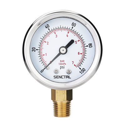 0-100 Psi Pressure Gauge, 2'' Dial Size, 1/4 NPT Lower Mount, Waterproof