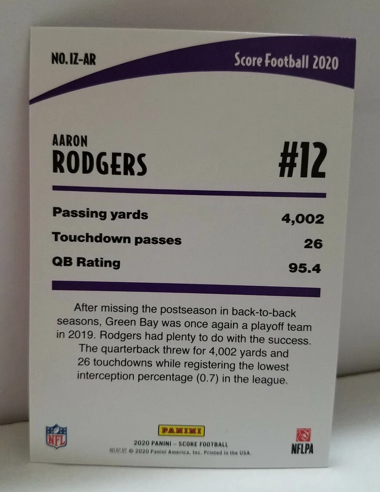 2020 Score Football #IZ-AR Aaron Rodgers In The Zone Green Bay Packers - Image 2 of 2