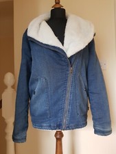 Ladies Denim Faux Shearling Jacket Roxy Biker New Size M