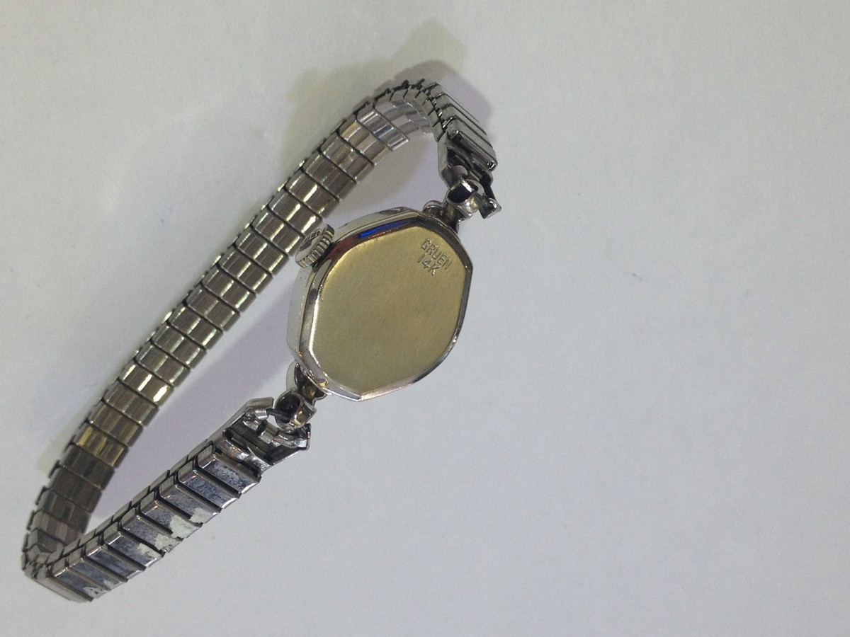 GRUEN 14k white gold wrist watch for smaller wrists & 6 diamonds 17 jewels Swiss Ladies GRUEN Cocktail Watch 14K White GOLD Cal. 275 17  main image 2